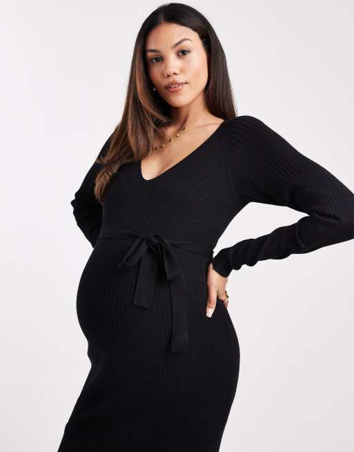 Vero Moda Maternity – Czarna prążkowana sukienka dzianinowa midi z długimi rękawami i paskiem