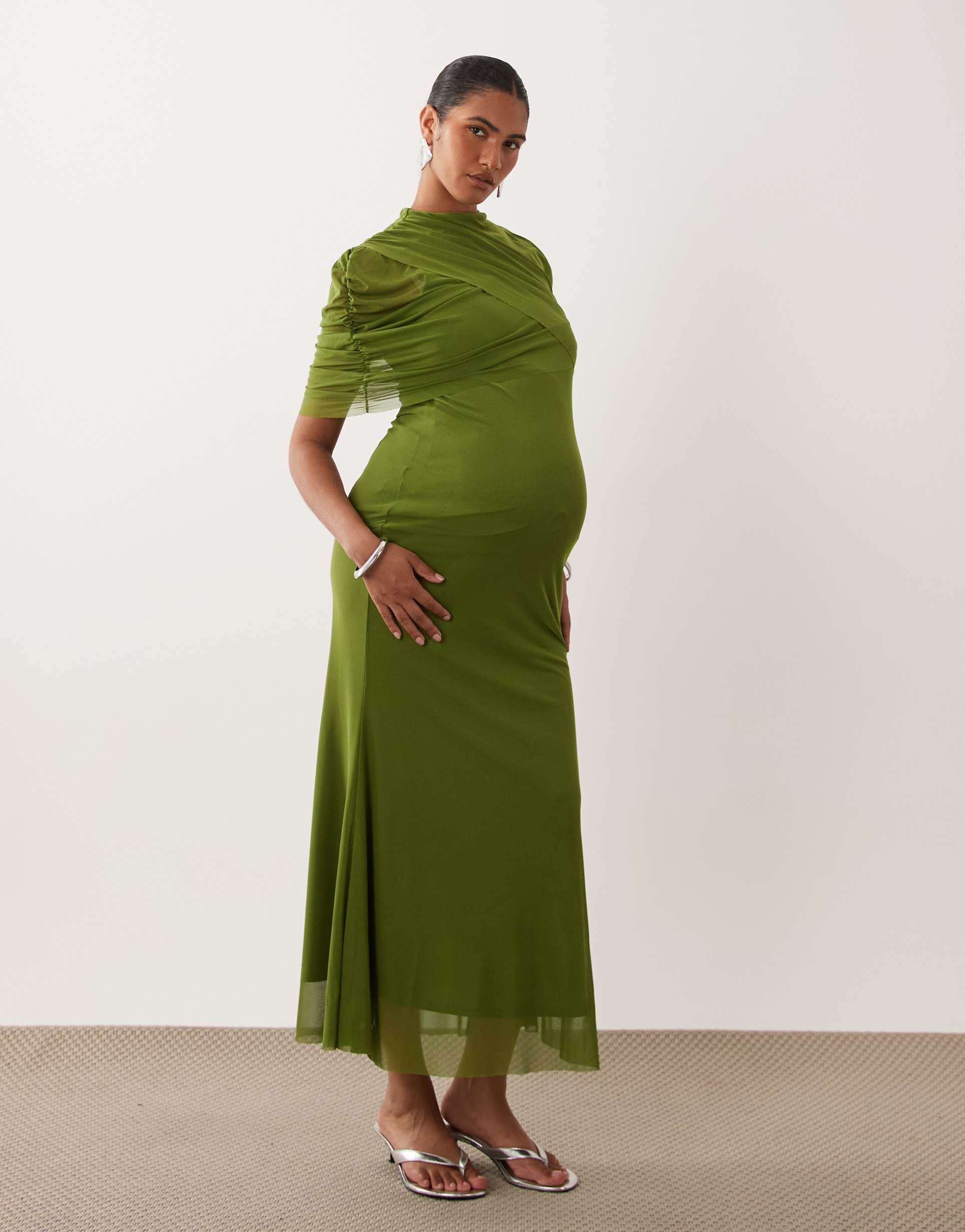 vero moda maternity draped detailing mesh maxi dress in pesto green