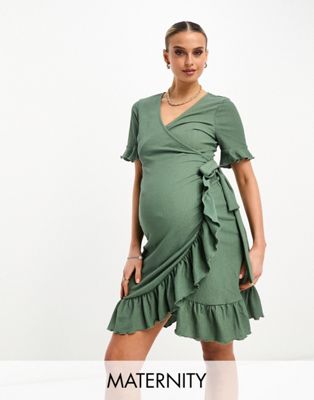Vero Moda Maternity Frill Wrap Front Mini Dress In Khaki-green