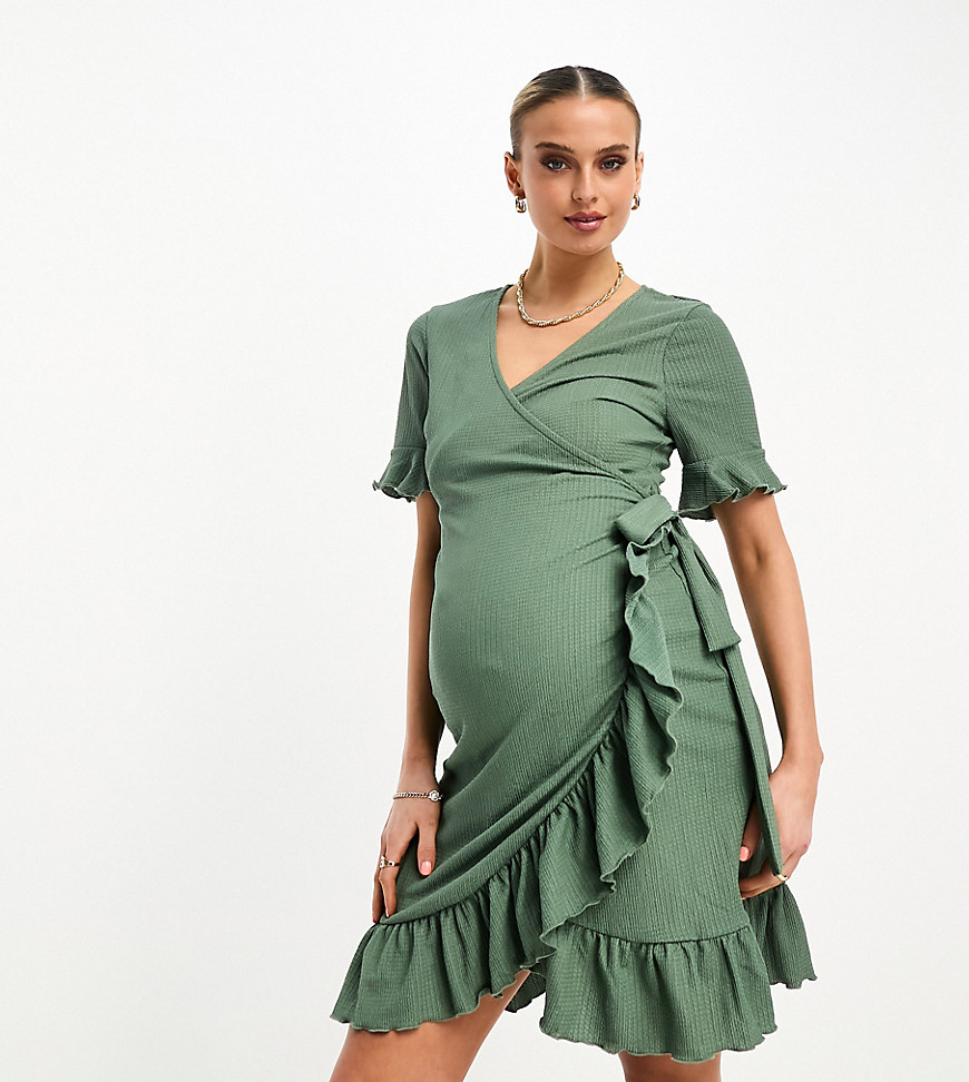 frill wrap front mini dress in khaki-Green
