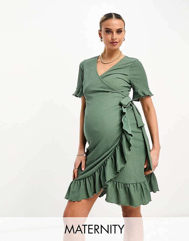 Vero Moda Maternity - frill wrap front mini dress in khaki