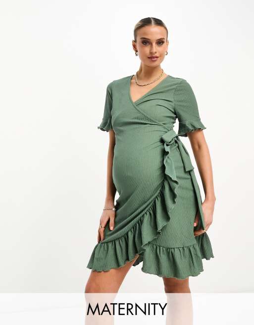 Skrøbelig rense Ged Vero Moda Maternity frill wrap front mini dress in khaki | ASOS