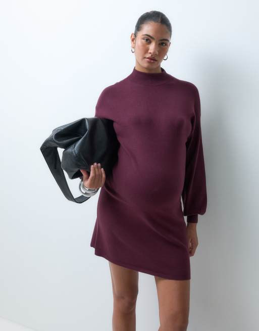 Vero Moda Maternity gebreide mini-jurk met opstaande boord in bordeauxrood, 3 van 5