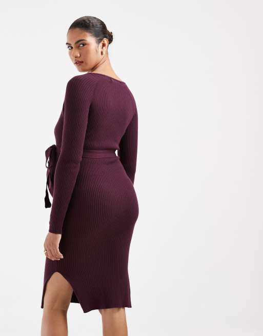 Vero Moda Maternity geripptes Strick-Midikleid mit langen Ärmeln und Gürtel-Detail in Burgunderrot, 4 von 4