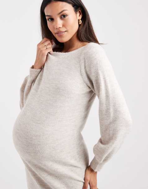 Vero Moda – Maternity – Gräddvit, mjukstickad midiklänning med ballongärmar - view 1
