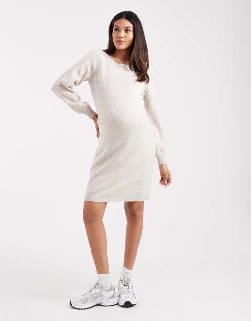 Vero Moda – Maternity – Gräddvit, mjukstickad midiklänning med ballongärmar, 3 av 4