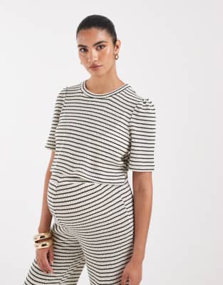 Vero Moda Maternity jersey crochet short sleeve boxy t-shirt co-ord in black and cream stripe