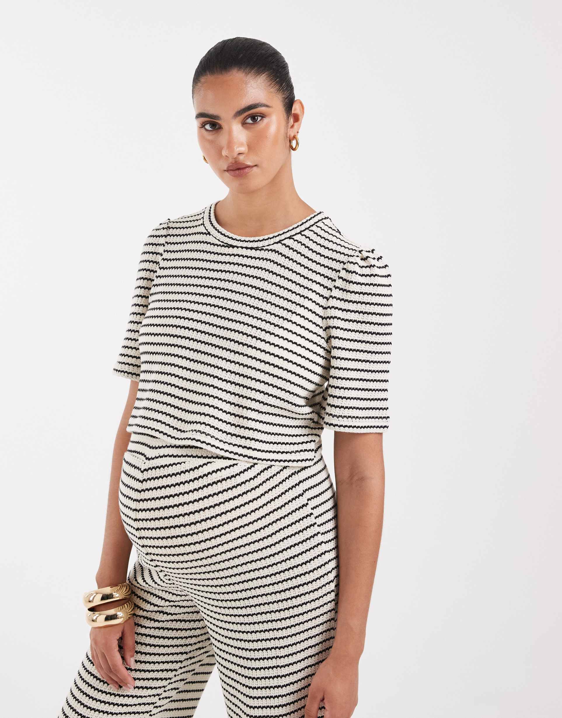 vero moda maternity jersey crochet short sleeve boxy t-shirt in black and cream stripe - part of a set