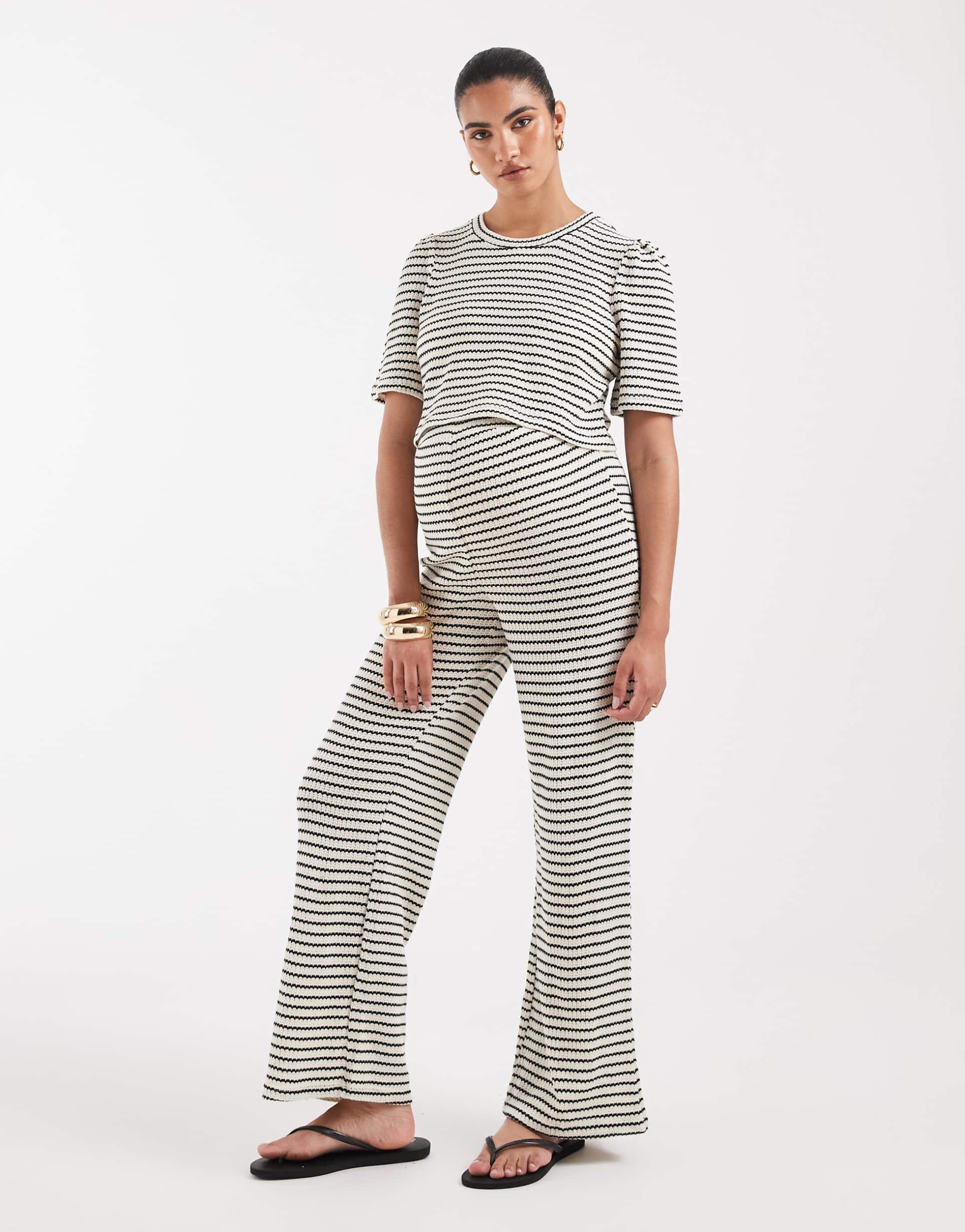 vero moda maternity jersey crochet wide leg pants in black and cream stripe - part of a set