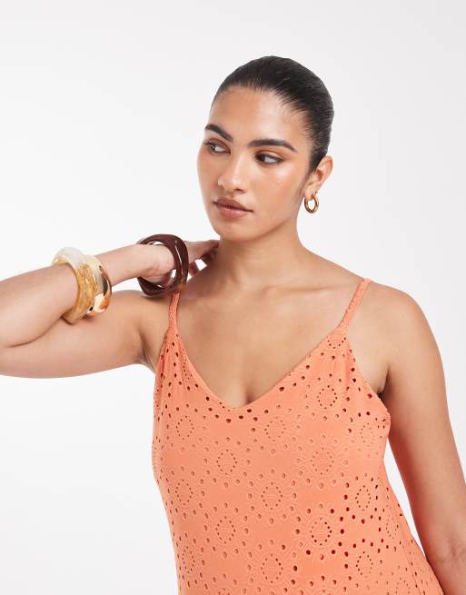 Vero Moda Maternity jersey floral broderie cami midi dress in orange, 4 of 4