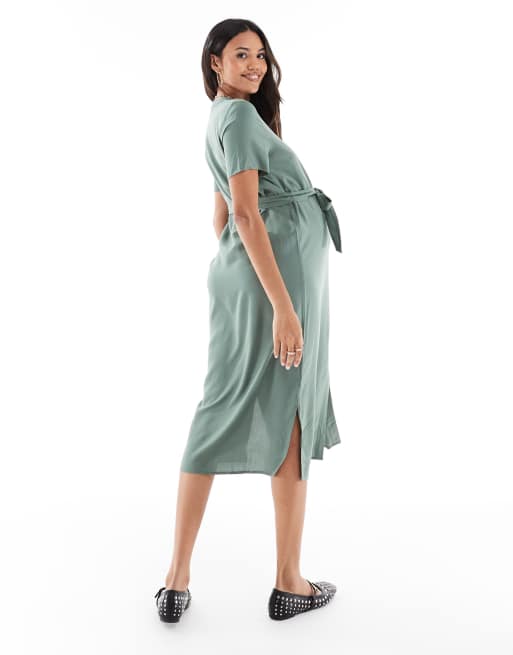 Vero Moda – Maternity – Kakigrön skjortklänning i midilängd med knytning i midjan, 4 av 4