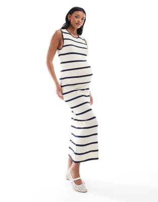 Vero Moda Maternity - Knöchellanges, gestreiftes Jersey-Strickkleid in Cremeweiß und Marineblau, Umstandsmode