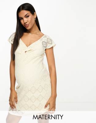 knot front lace mini dress in cream-White