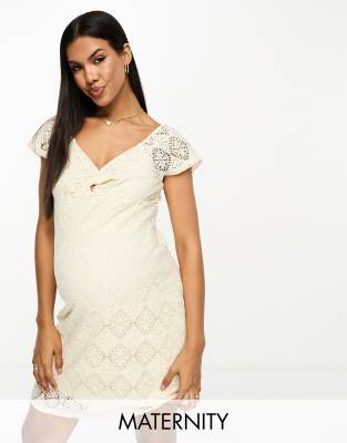 Vero Moda Maternity Vero Moda Maternity knot front lace mini dress in cream-White