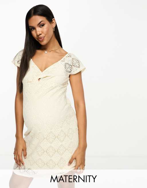 Bodycon V Neckline Lace Maternity Dress - White