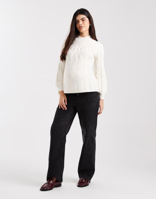 Vero Moda Maternity – Kremowy gruby sweter z golfem z dzianiny o warkoczowym splocie, 2 z 4