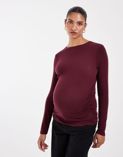 Vero Moda Maternity langärmliges Jersey-T-Shirt mit Raffdetail in Burgunderrot - view 1