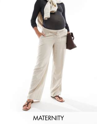 Vero Moda Maternity linen blend tapered trousers in stone-Neutral