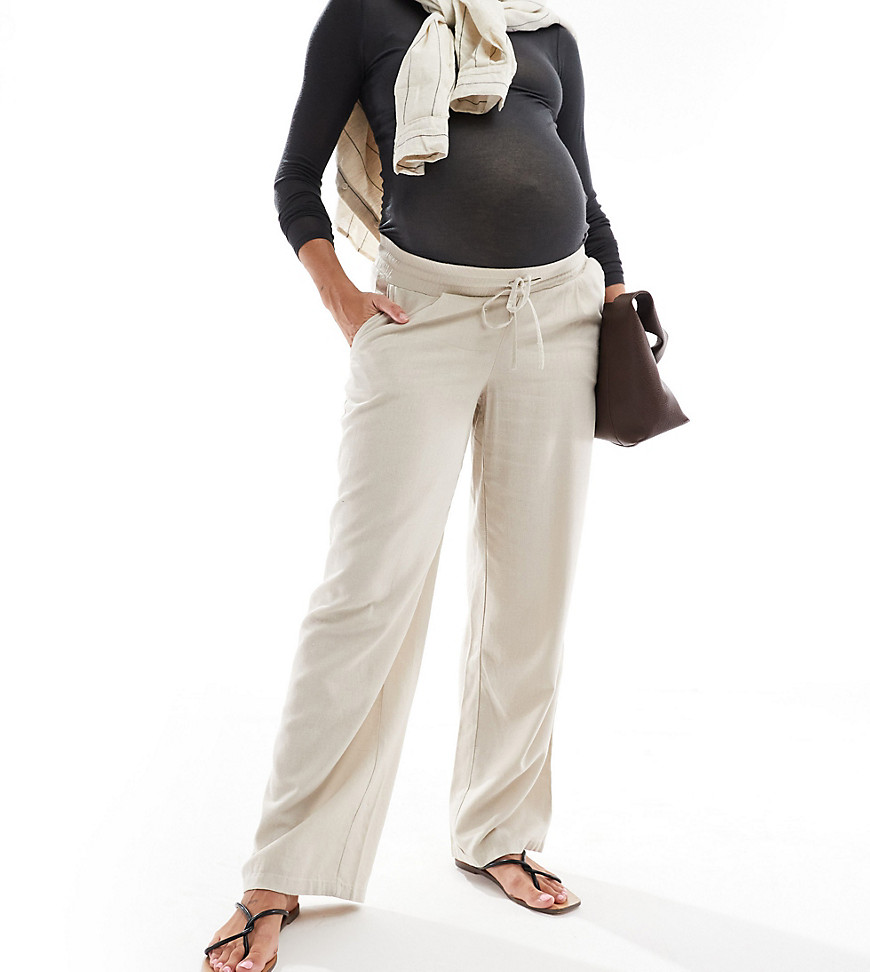 Vero Moda Maternity linen blend tapered trousers in stone-Neutral