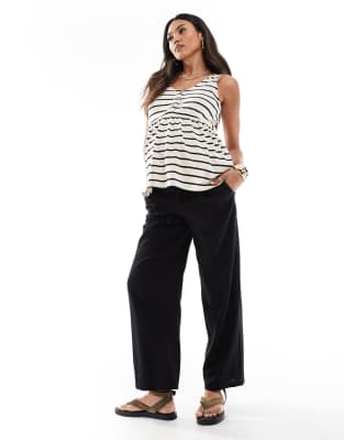 linen blend wide leg pants in black