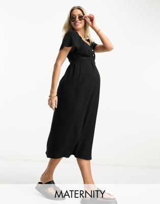 Vero Moda Maternity linen touch flutter sleeve midi dress in black