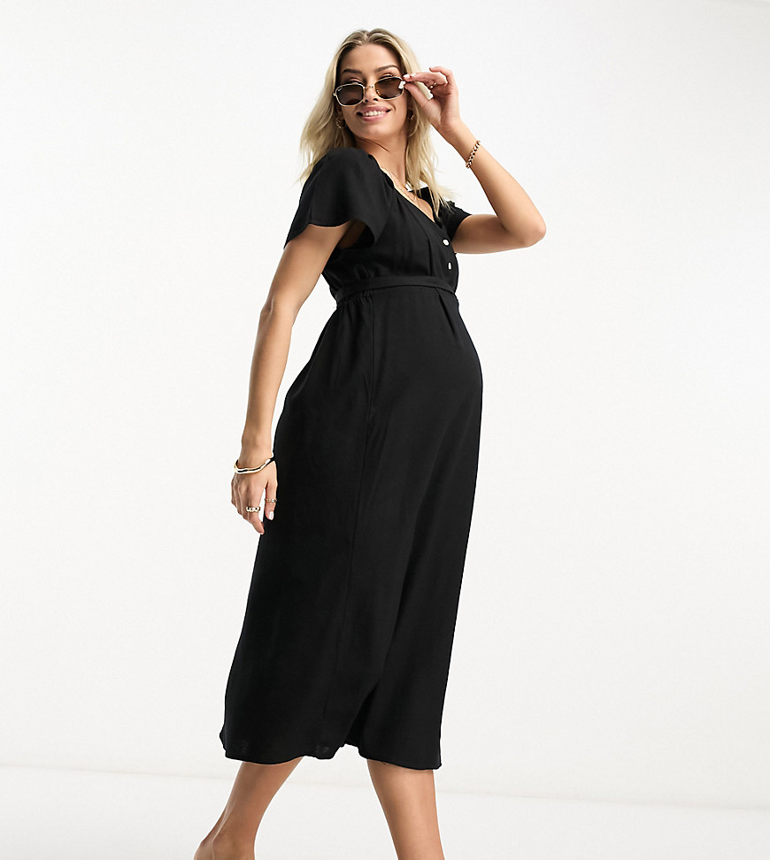 Vero Moda Maternity linen touch flutter sleeve midi dress in black