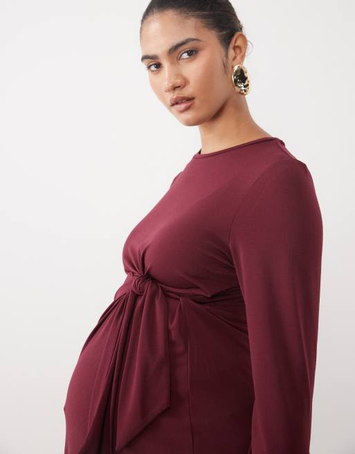 Vero Moda Maternity long sleeve ruched detail jersey midi dress in burgundy, 3 of 4
