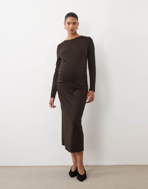 Vero Moda Maternity long sleeve ruched jersey midaxi dress with shoulder detail in chocolate brown - view 1