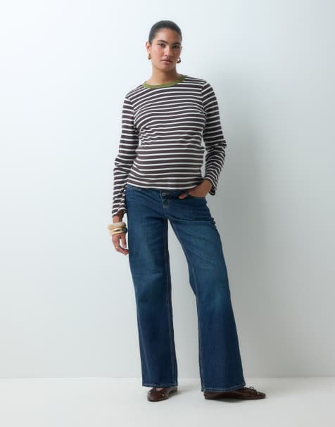 Vero Moda Maternity long sleeve t-shirt with contrast collar in chocolate brown stripes