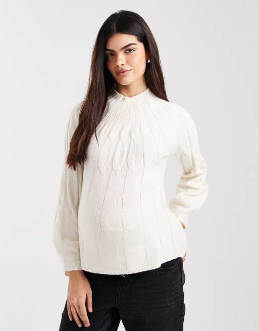 Vero Moda Maternity - Maglione accollato lavorato a trecce spesse color crema