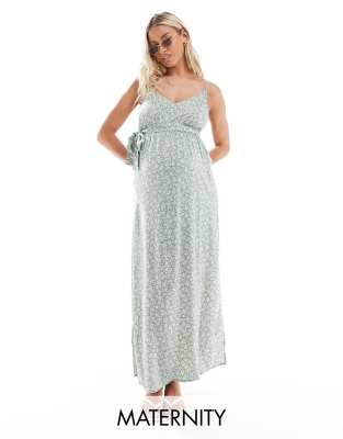 Vero Moda Maternity - Maxikleid in Salbeigrün mit V-Ausschnitt, Bindegürtel und Blumenmuster, Umstandsmode