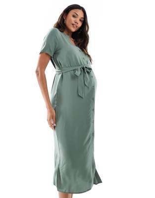 Vero Moda Maternity - Midi-Hemdblusenkleid in Khakigrün mit Bindegürtel