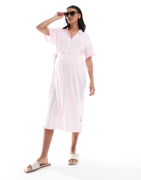 Vero Moda Maternity – Midi-Hemdblusenkleid in Rosa mit Bindegürtel, Umstandsmode - view 1