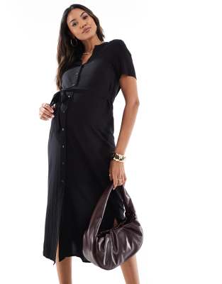 midi shirt dress with tie waist in black