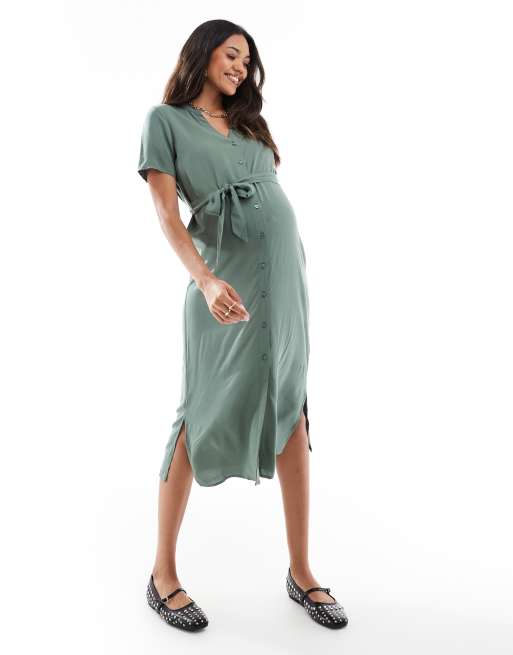 Vero Moda Maternity midi shirt dress with tie waist in khaki green, 2 of 4