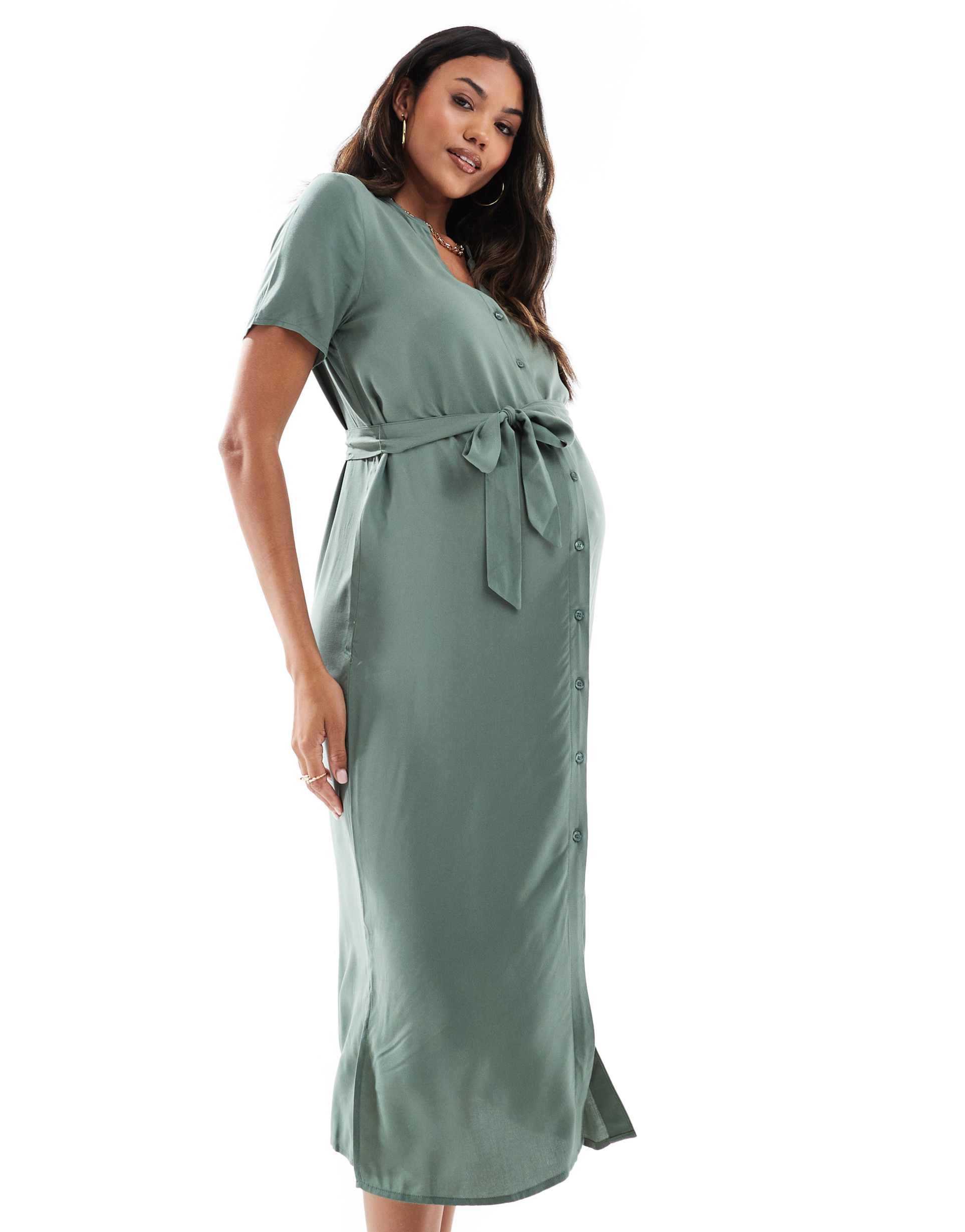 vero moda maternity midi shirt dress with tie waist in sage green