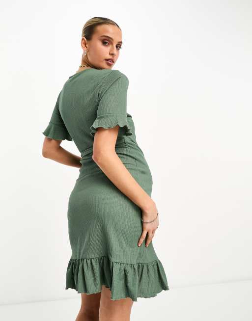 Vero Moda Maternity - Mini jurk met ruches en overslag aan de voorkant in kaki, 3 van 4