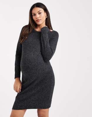 Vero Moda Maternity - Minikleid aus weichem Strick in Schwarz meliert mit Rundhalsausschnitt