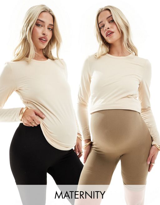 Vero Moda Maternity - Pantaloncini leggings beige e neri senza cuciture con fascia sopra il pancione