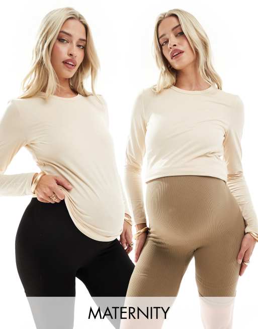 Vero Moda Maternity - Pantaloncini leggings beige e neri senza cuciture con fascia sopra il pancione