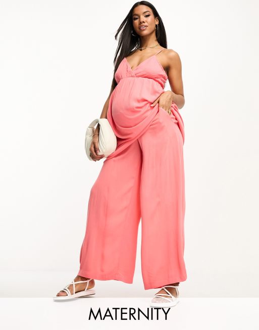 Vero Moda Maternity - Pantaloni a fondo ampio arricciati color corallo