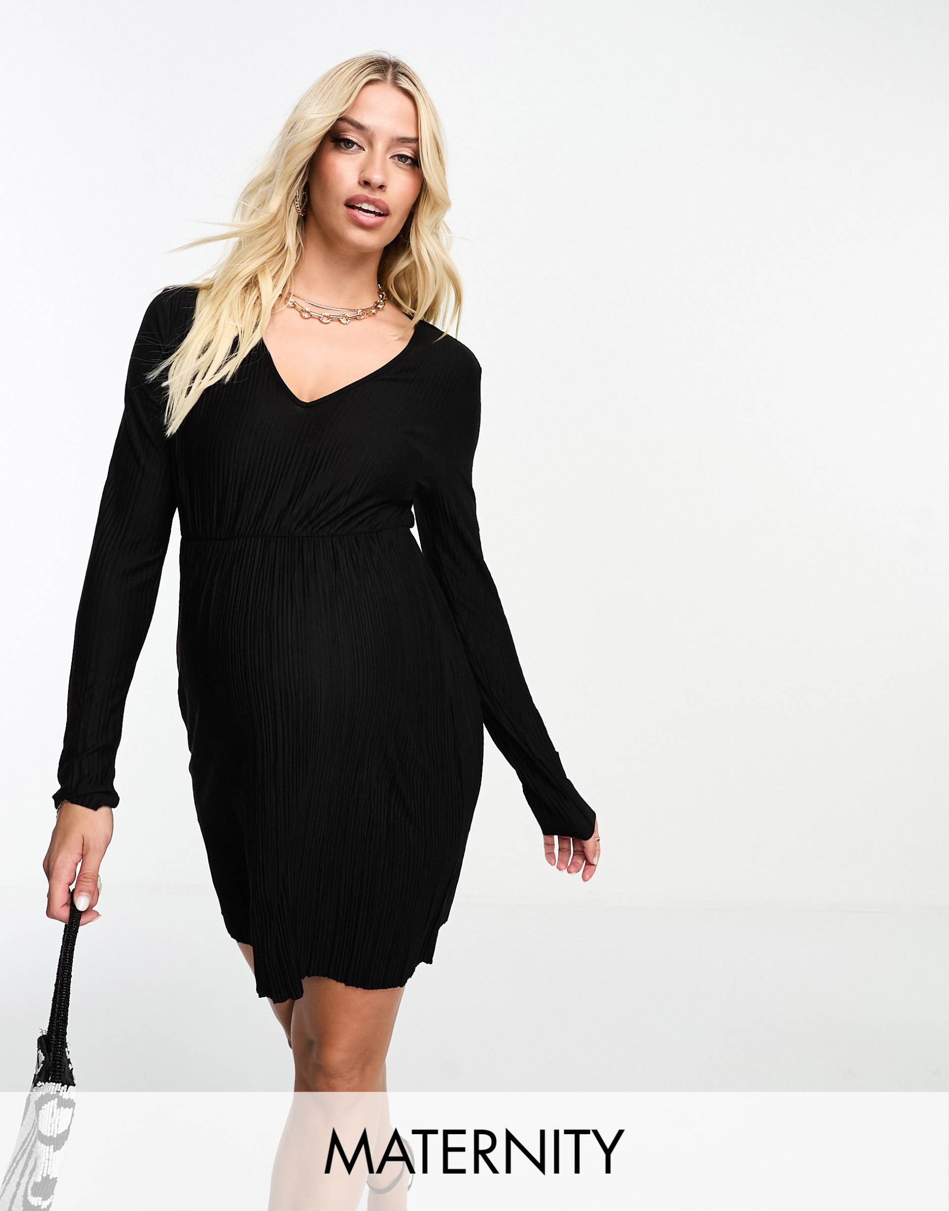 vero moda maternity plisse long sleeve mini dress in black