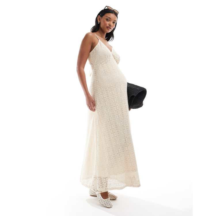 chinese dress ladies Momyknows Cream White Ruched Backless Big Swing Lantern Sleeve Boho Maternity Maxi Dress White / S