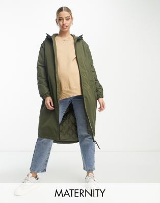 Vero Moda Maternity raincoat with hood in khaki