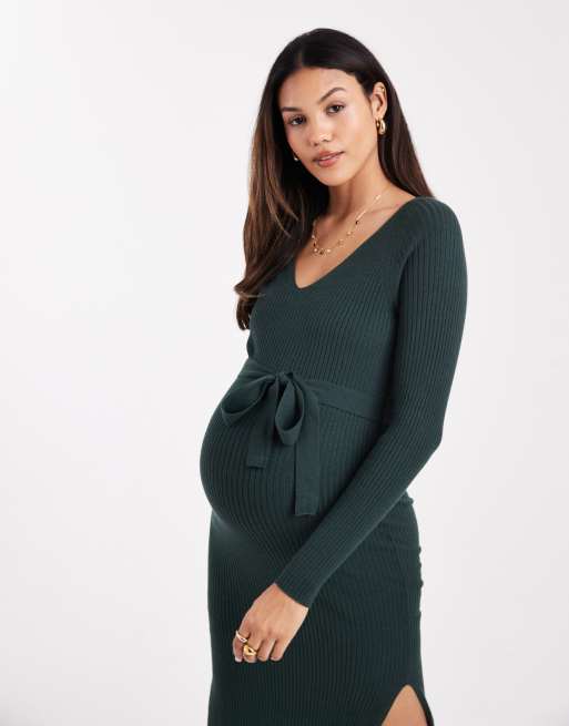 Vero Moda Maternity rib knit long sleeve midi dress with belt detail in green