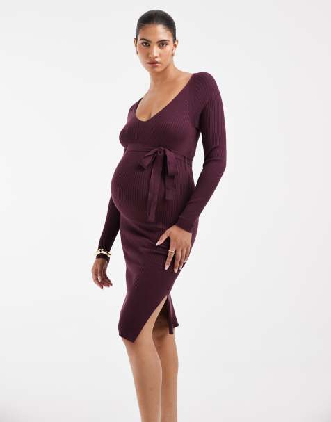 Vero Moda Maternity ribbad stickad midiklänning med långa ärmar och bältdetalj i burgundy - view 1