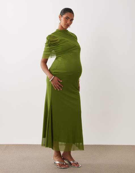 Vero Moda Maternity - Robe longue en tulle drapé - Vert pesto - view 1