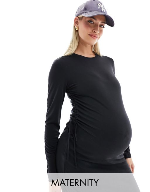 Vero Moda Maternity - Robe mi-longue froncée et nouée sur le côté - Noir
