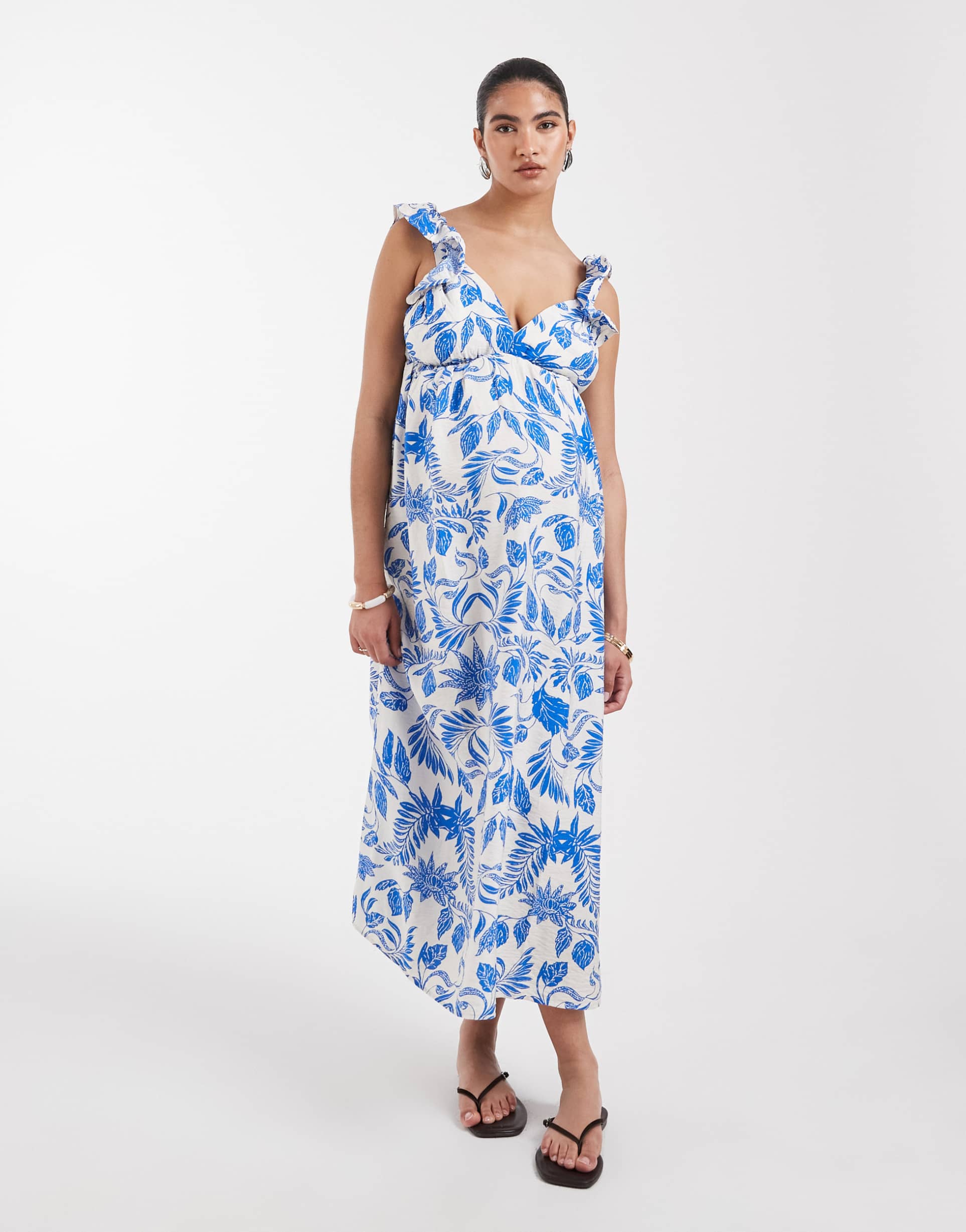 vero moda maternity ruffle shoulder v neck maxi dress in blue floral print