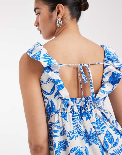 Vero Moda Maternity ruffle shoulder v neck maxi dress in blue floral print, 2 of 4